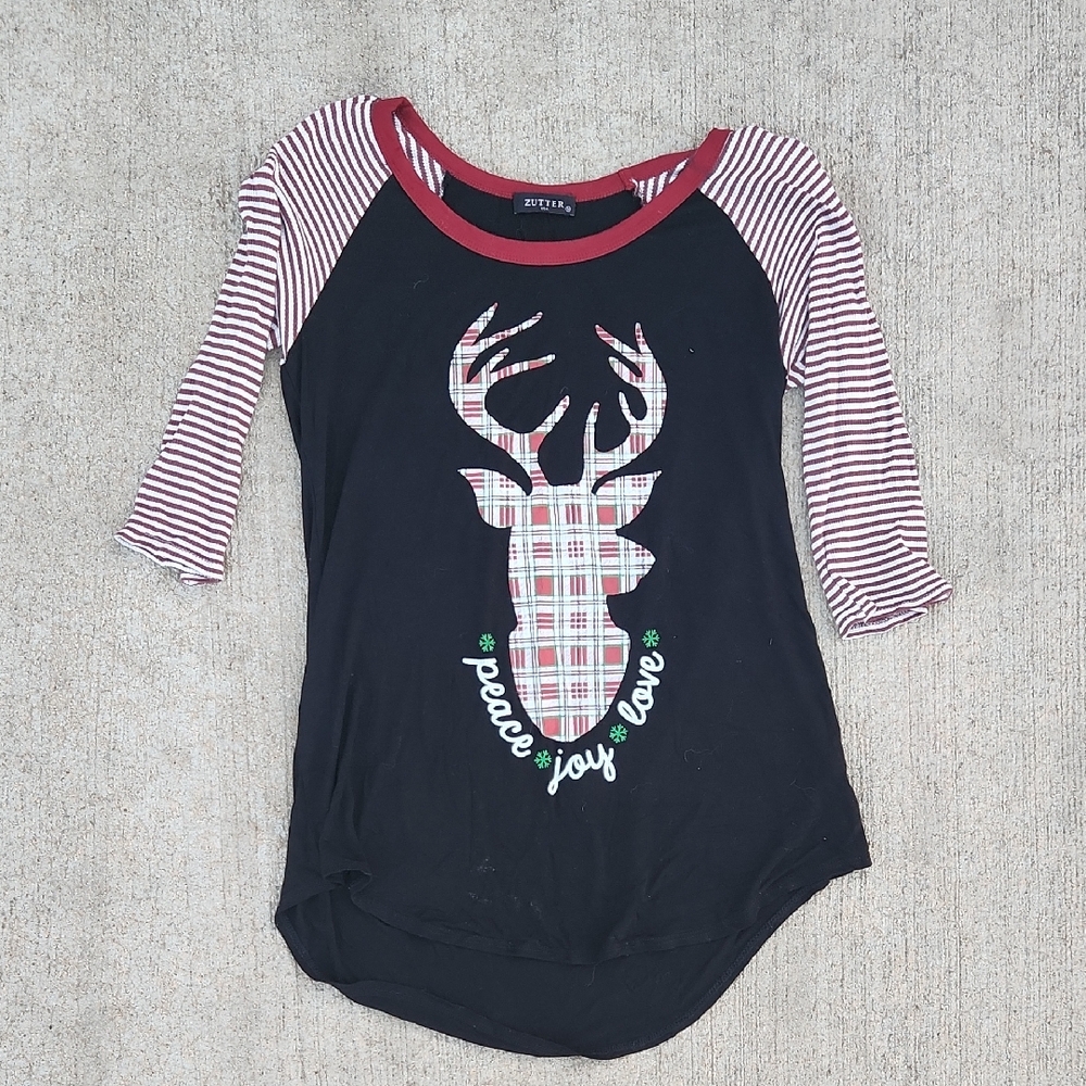 Peace, Love, Joy Deer Baseball Tee Stripes Black Red White Holiday Christmas